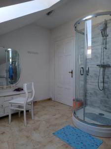 ein Bad mit einer Dusche, einem Stuhl und einem Spiegel in der Unterkunft Dworek in Mścice