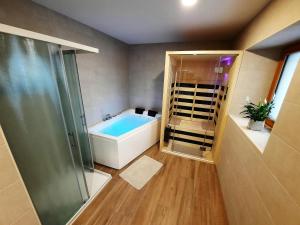 a bathroom with a bath tub and a shower at Apartments Hlapi with SPA in Kobarid