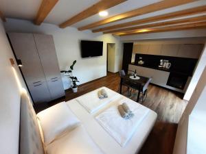a living room with a white couch and a table at Apartments Hlapi with SPA in Kobarid