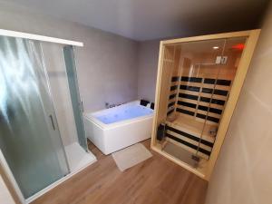 a bathroom with a shower and a tub and a shower stall at Apartments Hlapi with SPA in Kobarid