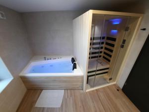 a bathroom with a tub and a glass shower at Apartments Hlapi with SPA in Kobarid