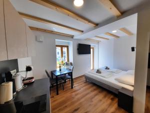 a bedroom with a bed and a desk in it at Apartments Hlapi with SPA in Kobarid