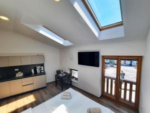 a living room with a kitchen and a skylight at Apartments Hlapi with SPA in Kobarid