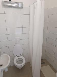 a white bathroom with a toilet and a sink at Studio Apartman Brletić in Tounj +14 photos