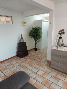 a room with a tripod and a plant on a tiled floor at Mabouya in Le Vauclin