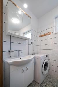 a bathroom with a sink and a washing machine at Litoral Domki Lubkowo in Krokowa