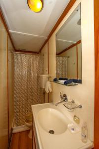 a bathroom with a sink and a mirror and a toilet at Shayamanzi Houseboats in Jozini