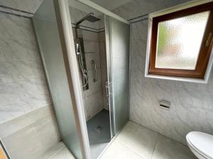 a shower with a glass door in a bathroom at Ciasa Fam Comploi in San Vigilio Di Marebbe
