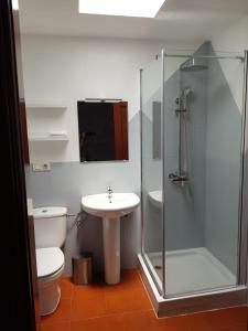 uma casa de banho com um chuveiro, um lavatório e um WC. em Casa Abian em Arrecife