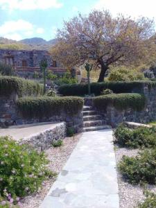 a garden with a stone wall and a walkway at Loutra Olive Garden Stone House #2 in Mandrákion
