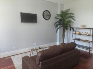 a living room with a brown couch and a palm tree at Cool Suites in Porto