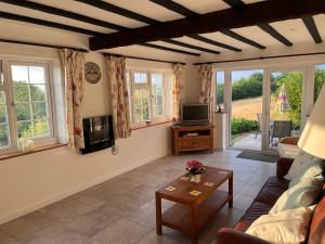 a living room with a couch and a tv at Dorset View in Blandford Forum