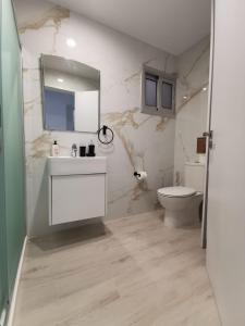 a bathroom with a toilet and a sink and a mirror at COSea Living: Seaside Two Bedroom Flat in Harbour 106 in Paphos City