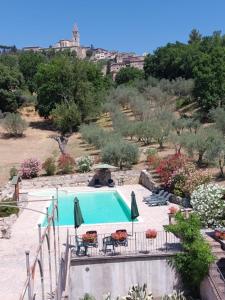 una piscina con sedie e ombrelloni in giardino di Agriturismo Camera Rosa a Todi