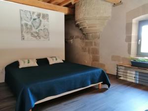 a bedroom with a bed with a blue bedspread at Les Gîtes de Genas in Bourg-lès-Valence