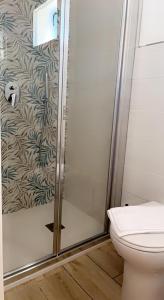 La salle de bains est pourvue d'une cabine de douche et de toilettes. dans l'établissement KARIS KAIROS, à Santa Maria di Castellabate