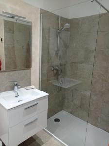 a bathroom with a shower and a sink and a glass shower stall at A Caserella Chambres d'hôtes in Valle-di-Campoloro