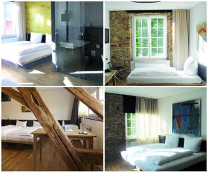 a collage of four pictures of a bedroom at OX Hotel in Heitersheim