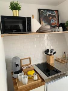 a kitchen with a counter top with a microwave at Studio Exotique Hyper-Centre Enghien 12min Paris in Enghien-les-Bains