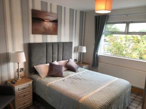 a bedroom with a bed with pillows and a window at Seacrest in Galway
