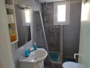 a bathroom with a shower and a sink and a toilet at Villa Lena in Kastraki Naxou