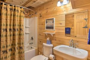 a bathroom with a white toilet and a sink at Moonshine Manor Cabin with Fire Pit and Hot Tub! in Lake Lure