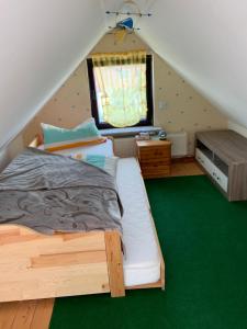 um quarto com uma cama e um tapete verde em Ferien/ Monteurzimmer mit gemeinsam Wozi, Kü, Bad, WLAN em Magdeburgo
