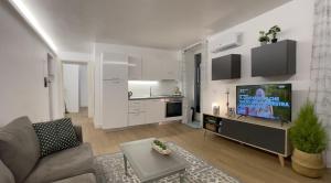 Una sala de estar con un sofá y un televisor de pantalla plana. en Space Apartment Tre, en Cagliari