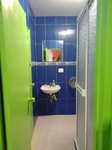 ein Badezimmer mit einem Waschbecken und einer blauen Wand in der Unterkunft Posada Nativa Green Sea San Luis in Buenavista