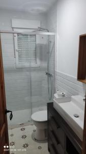 uma casa de banho com um chuveiro, um WC e um lavatório. em Un hogar en el Pinar em Navaleno