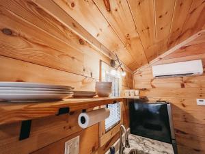 a kitchen in a tiny house with wooden walls at Cabin #8 Studio With Kitchenette in Hartwell