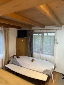 uma cama num quarto com uma grande janela em Csillag kulcsoshaz em Gheorgheni