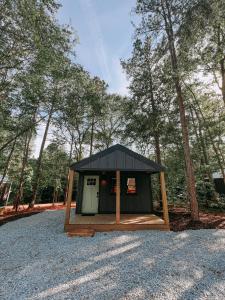 a small cabin in the middle of a forest at Cabin #7 With Kitchenette in Hartwell