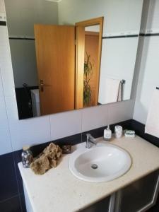 een badkamer met een wastafel en een spiegel bij Apartman Marija in Korčula