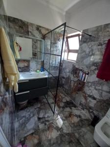 een badkamer met een wastafel en een douche bij Vila Dervish ÇELA - MOKER in Pogradec