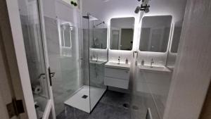 a bathroom with a shower and sinks and mirrors at La Casita del Arco Panorámico in San Pedro