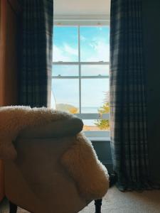 un animal farci assis sur une chaise devant une fenêtre dans l'établissement Dylan Thomas Sea View, à Laugharne