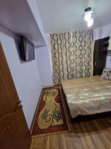 a small room with a bed and a tv on the wall at Apartment Slanic moldova in Slănic-Moldova