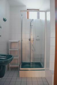 a shower with a glass door in a bathroom at Casa Galliera - Apartment in Keszthely