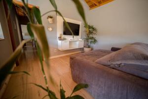 a bedroom with a bed and a flat screen tv at Casa de campo com piscina cascata artificial in São Lourenço