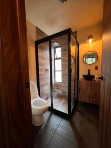 La salle de bains est pourvue de toilettes et d'une douche à l'italienne. dans l'établissement Cabañas San Marcos, à Mazamitla