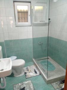 ein Bad mit einer Dusche, einem WC und einem Waschbecken in der Unterkunft Melaaj Hill in Sarajevo