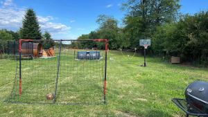 a net in a field with a basketball hoop at Pensiunea Valea Șușiței, Ciubar, Sauna, ATV, Safarii Jepp Offroad Ghid Turistic, Climbing, Rafting, Paragliding in Târgu Jiu