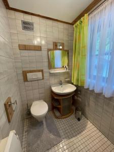 La salle de bains est pourvue de toilettes et d'un lavabo. dans l'établissement Ferienwohnung Rohrmoser mit 2 Schlafzimmern, à Hüttschlag