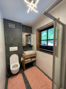 La salle de bains est pourvue de toilettes, d'un lavabo et d'une fenêtre. dans l'établissement Ferienwohnung Rohrmoser mit 2 Schlafzimmern, à Hüttschlag