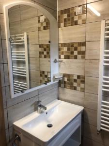 a bathroom with a sink and a mirror at NUT HOUSE Retezat in Nucşoara +80 photos