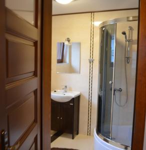 La salle de bains est pourvue d'une douche et d'un lavabo. dans l'établissement Pokoje u Danusi, à Szczawnica