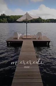 un muelle con 2 sillas y una sombrilla en el agua en Ma Cabane Au Bord Du Lac, en Neuvic