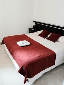 a bedroom with a large bed with a red blanket at SanPier - Alquileres Temporarios in Allen