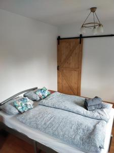 a bed in a room with a wooden door at Apartament Sielsko-Wiejsko in Szczytna